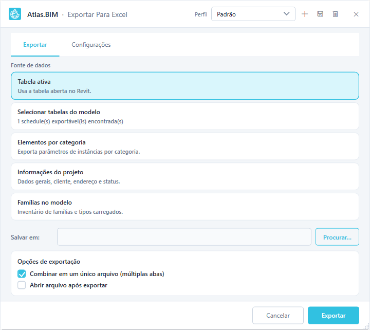 Janela Exportar Excel do Atlas.BIM