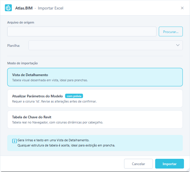 Janela Importar Excel do Atlas.BIM