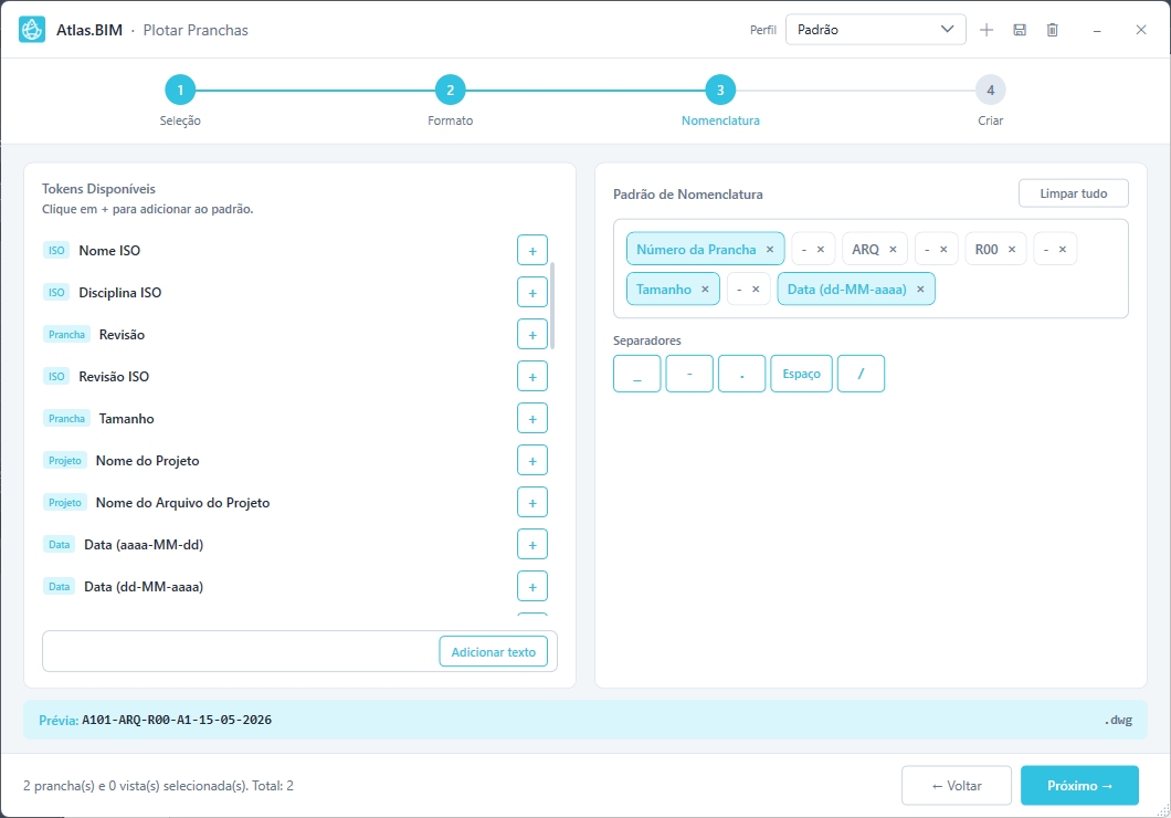 Janela Plotar Pranchas, passo 3 Nomenclatura: tokens à esquerda, padrão de saída à direita, prévia A101-ARQ-R00-A1-15-05-2026.dwg